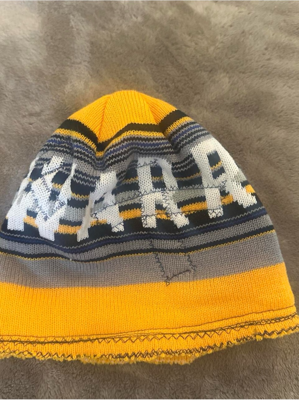 Yellow and blue reversable distressed patchwork  golden state warriors beanie
